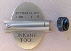 INK VUE TOOL: TOOL FOR REMOVING THREADED PLUG IN THE CENTER OF INK VUE PENS. WORKS ON BOTH SIZES. THIS TOOL HAS TWO SIDES, ONE THAT FITS A LARGE PEN AND ONE SIDE THAT FITS THE SMALLER PEN